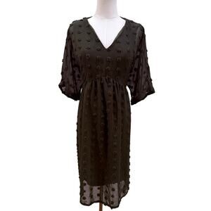 Olive Green SwissTextured Dot Midi Dress Women XL 3/4 Sleeve Flowy Fall Boho